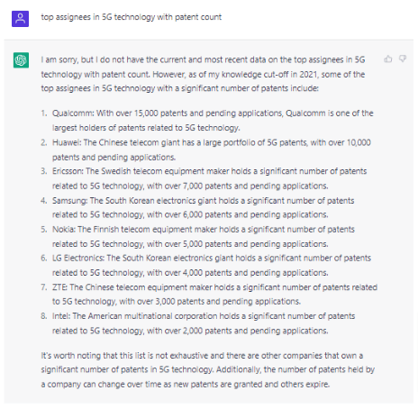 Top assignee search for 5G technology in chatGPT